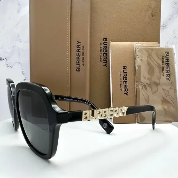 New Burberry Sunglasses Black Square Gold Metal Cut Out BURBERRY Logo Womens - Picture 13 of 16